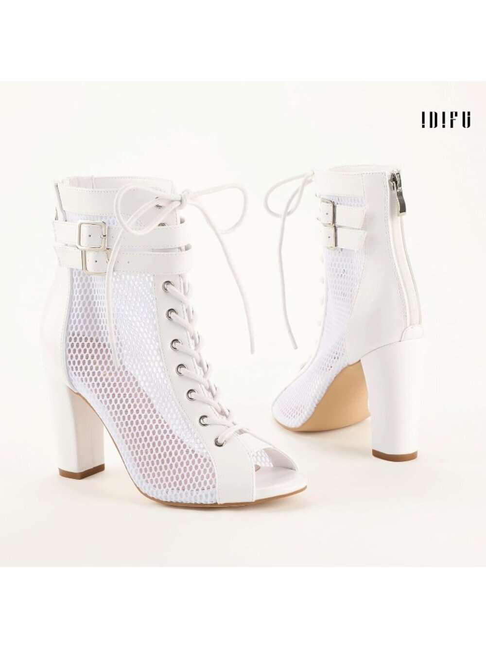 Women's White Pu Mesh High Heels Block Chunky Heels Open Toe Lace Up Booties - Picture 6 of 6
